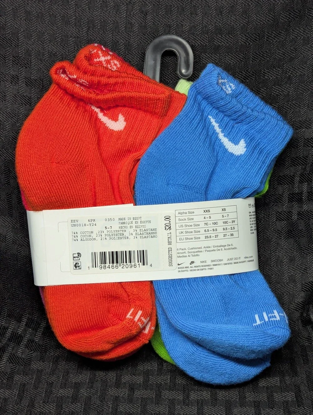 Nike Bright Cushioned Ankle Socks Y 10c - 3Y 6Pack.